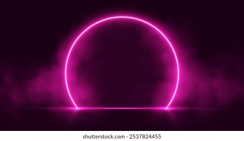 Arco de neón con humo, portal brillante rosa, puerta de círculo futurista, escenario mágico con vapor. Ilustración vectorial.