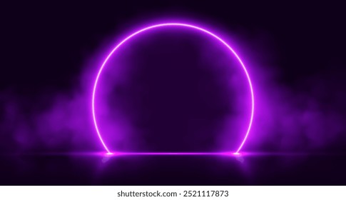 Neon arch with smoke, purple glowing portal, futuristic circle gate, magic stage with vapor. Vector illustration.