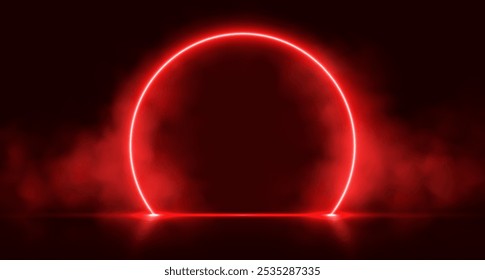 Neon arch with smoke, red glowing portal, futuristic circle gate, magic stage with vapor. Vector illustration.