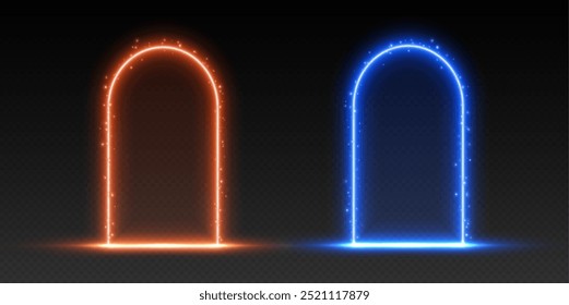 Neon arches with sparkles, orange and blue glowing portals, futuristic gates, magic LED frames. Ice and fire entrance concept. Vector illustration.