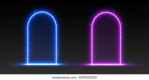 Arcos de neón con destellos, portales brillantes púrpuras y azules, puertas futuristas, marcos led mágicos. Ilustración vectorial.