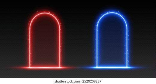 Neon arches with sparkles, red and blue glowing portals, futuristic gates, magic LED frames. VS versus battle screen entrance concept. Vector illustration.