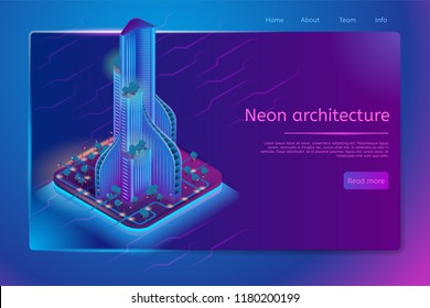 Neon architecture isometric web banner with modern futuristic skyscraper with trees on terraces and bright blue illumination. Future architecture, innovative construction company web page template