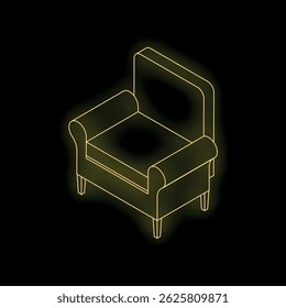 Neon armchair glowing on black background, concept of idea, creativity and inspiration