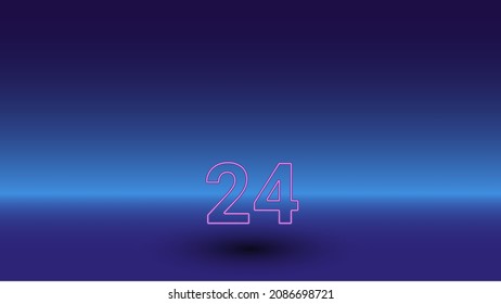 Neon around the clock symbol on a gradient blue background. The isolated symbol is located in the bottom center. Gradient blue with light blue skyline