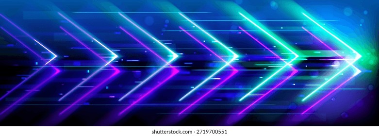 Neon arrow boost speed lines on digital abstract background with glowing tech light effects. Forward motion concept in vibrant blue, green and purple colors for futuristic technology design.