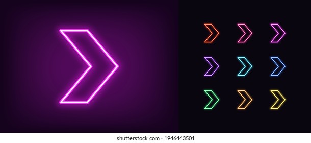 Neon arrow icon. Glowing neon motion sign, outline arrow pointer silhouette in vivid colors. Arrowhead and cursor navigation, movement direction, motion way. Vector icon set, sign, symbol for UI