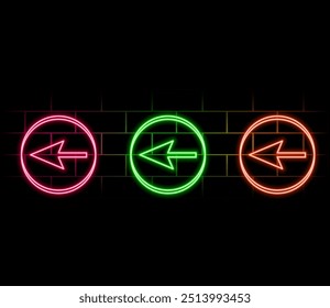 Neon arrow icon. Glowing neon motion sign, outline arrow pointer silhouette in vivid colors. Arrowhead and cursor navigation, movement direction, motion way. Vector icon set, sign, symbol for UI