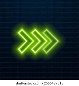 Neon arrow icon. Glowing neon motion sign, outline arrow pointer silhouette in vivid colors. Arrowhead and cursor navigation, movement direction, motion way. Vector icon set, sign, symbol for UI.