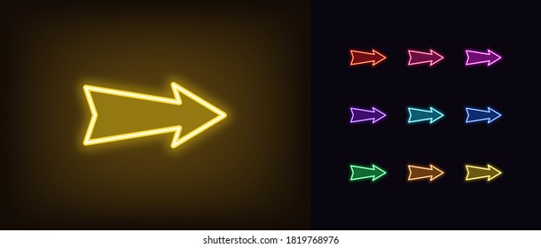 Neon arrow icon. Glowing neon pointer sign, straight arrow in vivid colors. Retro navigation, arrow direction forward back down up. Icon set, sign, symbol for UI. Vector illustration