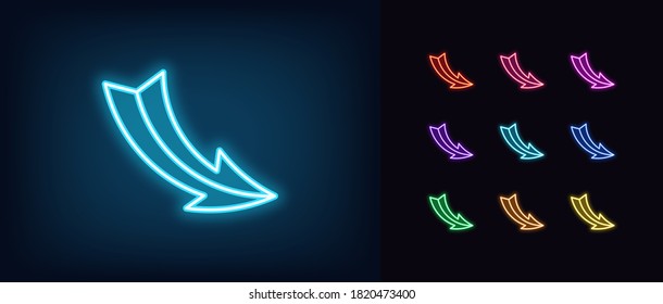 Neon arrow icon. Glowing neon pointer sign, curved arrow in vivid colors. Retro navigation, arrow direction forward back down up. Icon set, sign, symbol for UI. Vector illustration