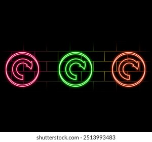 Ícone de seta de néon. Sinal de ponteiro de néon brilhante, seta curva em cores vivas. Navegação retro, direção de seta para frente para baixo. Conjunto de ícones, sinal, símbolo da interface do usuário. Ilustração vetorial