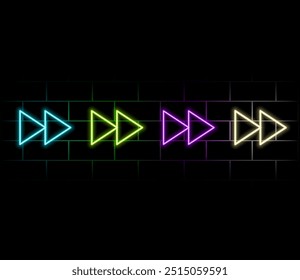 Ícone de seta de néon. Sinal de ponteiro de néon brilhante, seta reta em cores vivas. Navegação retro, direção de seta para frente para baixo. Conjunto de ícones, sinal, símbolo da interface do usuário. Ilustração vetorial.