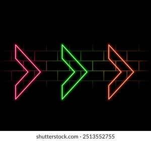 Neon arrow icon. Glowing neon swipe up sign, outline arrow pointer silhouette in vivid colors. Arrowhead and cursor navigation, movement direction, motion way. Vector icon set, sign, symbol for UI