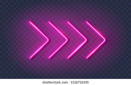 Neon arrow lamp wall sign isolated on transparent background. Vector pink power glowing bulb banner, light line or neon element.
