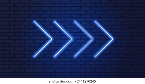 Neon arrow lamp wall sign. Glowing neon arrow pointer on brick wall background. Retro signboard with bright neon tubes. glowing bulb banner. Vector illustration.