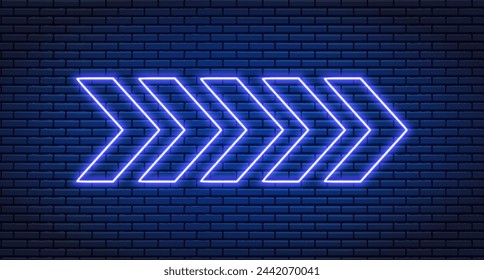 Neon arrow lamp wall sign. Glowing neon arrow pointer on brick wall background. Retro signboard with bright neon tubes. glowing bulb banner. Vector illustration.