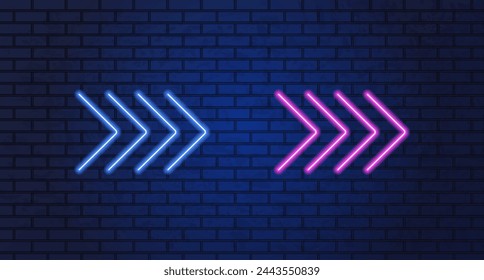 Neon arrow lamp wall sign. Glowing neon arrow pointer on brick wall background. Retro signboard with bright neon tubes. glowing bulb banner. Vector illustration.