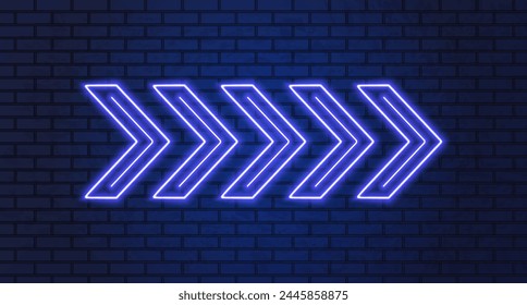 Neon arrow lamp wall sign. Glowing neon arrow pointer on brick wall background. Retro signboard with bright neon tubes. glowing bulb banner. Vector illustration.