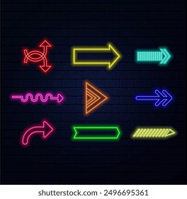 Neon arrow lamp wall sign. Glowing neon arrow pointer on brick wall background. Retro signboard with bright neon tubes. glowing bulb banner. Vector illustration.