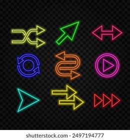 Neon arrow lamp wall sign. Glowing neon arrow pointer on brick wall background. Retro signboard with bright neon tubes. glowing bulb banner. Vector illustration.13