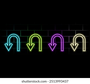 Neon arrow lamp wall sign isolated on transparent background. Vector pink power glowing bulb banner, light line or neon element..