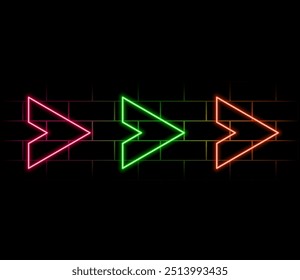neon arrow luminous indicator neon tube showing right direction to right side glowing vector icon on transparent background.