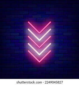 Neon arrow on brick wall. Download and next concept symbol. Striped pink and white pointer. Bright indicator. Simple frame. Glowing poster. Editable stroke. Vector stock illustration