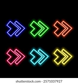 Neon arrow on brick wall. Bright realistic signage. Bright arrow pointers icon. Colorful neon banner. Nightly and bright advertising.