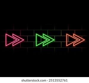 Neon arrow on dark backdrop. Vector white light. Graphic color background. Vector illustration.