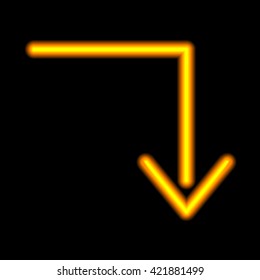 Neon arrow. Orange isolated on black background. Vector illustration.