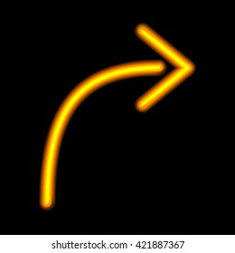 Neon arrow. Orange isolated on black background. Vector illustration.