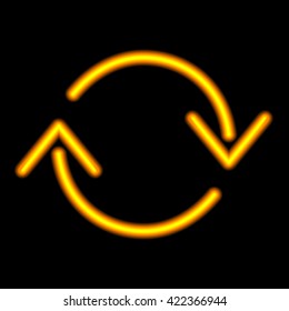 Neon arrow. Orange isolated on black background. Vector illustration.