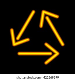 Neon arrow. Orange isolated on black background. Vector illustration.