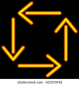 Neon arrow. Orange isolated on black background. Vector illustration.