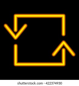 Neon arrow. Orange isolated on black background. Vector illustration.