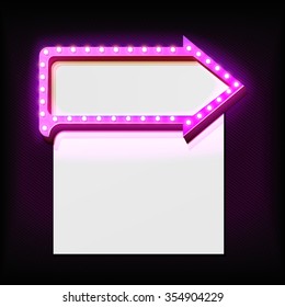 Neon arrow with the paper sheet. Realistic 3d purple arrow with lights. White blank background for your text, messages, advertising, promotion. Pink light falls on the black wall. Vector illustration