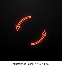 Neon arrow pointer on a black background. The symbol of the arrows. Glowing lamp on black background. Red retro sign on the wall.