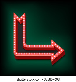 Neon arrow points to the right, Red volumetric 3D with lamps, Vector illustration