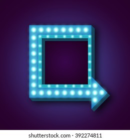 Neon arrow retro frame with lights. Retro Night neon sign with neon arrow and glowing lights. Vector illustration of frame, neon arrow icons. Realistic 3D neon sign for your designs, banners