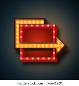 Neon arrow retro frame with lights. Retro Night neon sign with neon arrow and glowing lights. Vector illustration of frame, neon arrow icons. Realistic 3D neon sign for your designs, banners