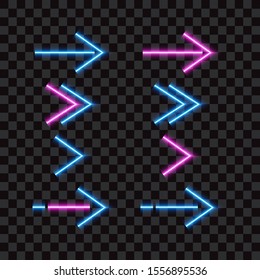 Neon arrow set, blue and pink, vector illustration.