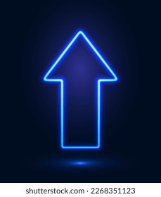 Neon arrow with shining effects, highlights on a dark blue background. Futuristic modern neon glowing frame. Vector EPS 10.