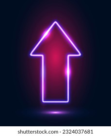 Neon arrow with shining effects, highlights on a dark blue background. Futuristic modern neon glowing frame. Vector illustration.