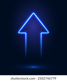 Neon arrow with shining effects, highlights on a dark blue background. Futuristic modern neon glowing frame. Vector illustration.