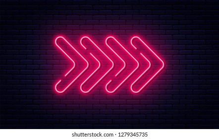 Neon arrow sign. Glowing neon arrow pointer on brick wall background. Retro signboard with bright neon tubes. Vector