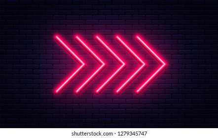 Neon arrow sign. Glowing neon arrow pointer on brick wall background. Retro signboard with bright neon tubes. Vector