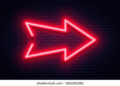 Neon arrow sign. Glowing neon arrow pointer on brick wall background. Retro signboard with bright neon tubes. Vector
