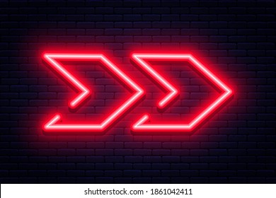 Neon arrow sign. Glowing neon arrow pointer on brick wall background. Retro signboard with bright neon tubes. Vector