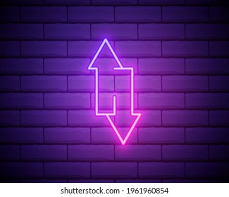 Neon arrow sign. Glowing neon arrow pointer on brick wall background. Retro signboard with bright neon tubes. Vector.